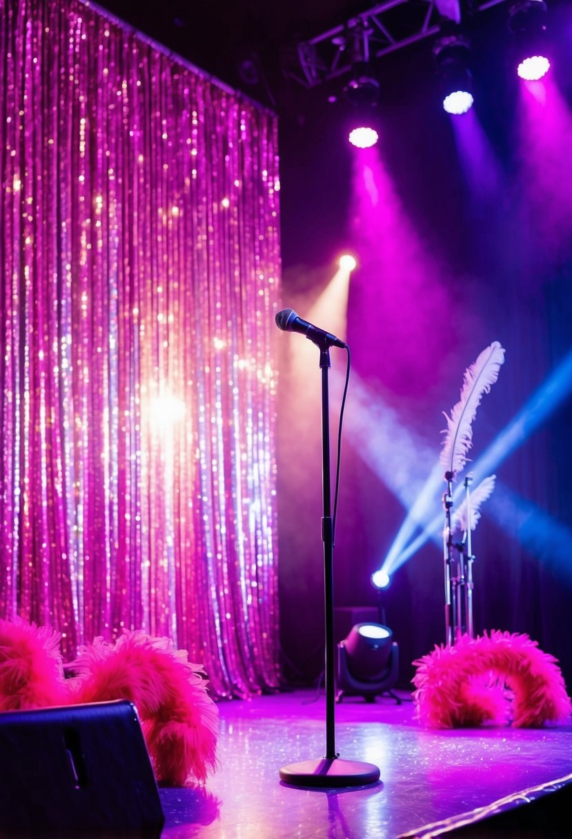 A stage with vibrant lights, sequin curtains, and a glamorous backdrop. A spotlight shines on a microphone stand, surrounded by feather boas and glittering props