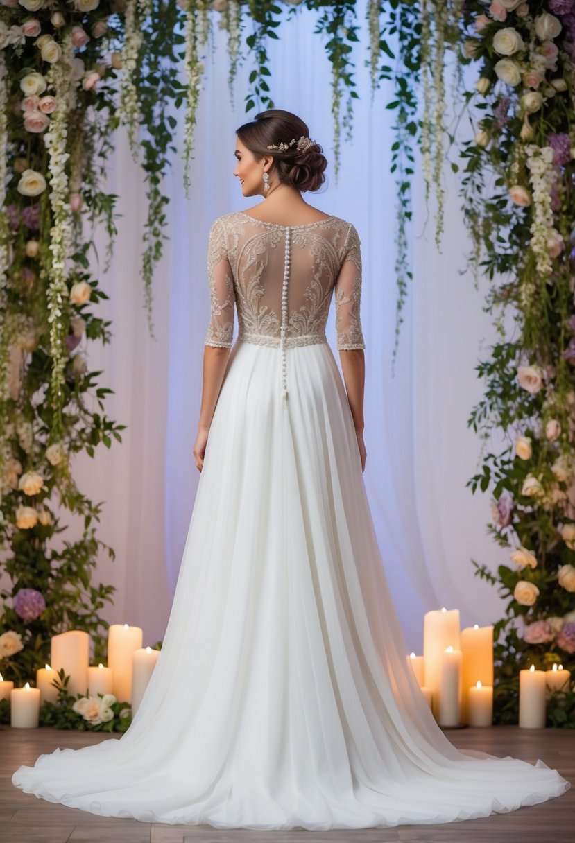 A flowing wedding dress with intricate beaded illusion sleeves, set against a romantic backdrop of cascading flowers and soft candlelight