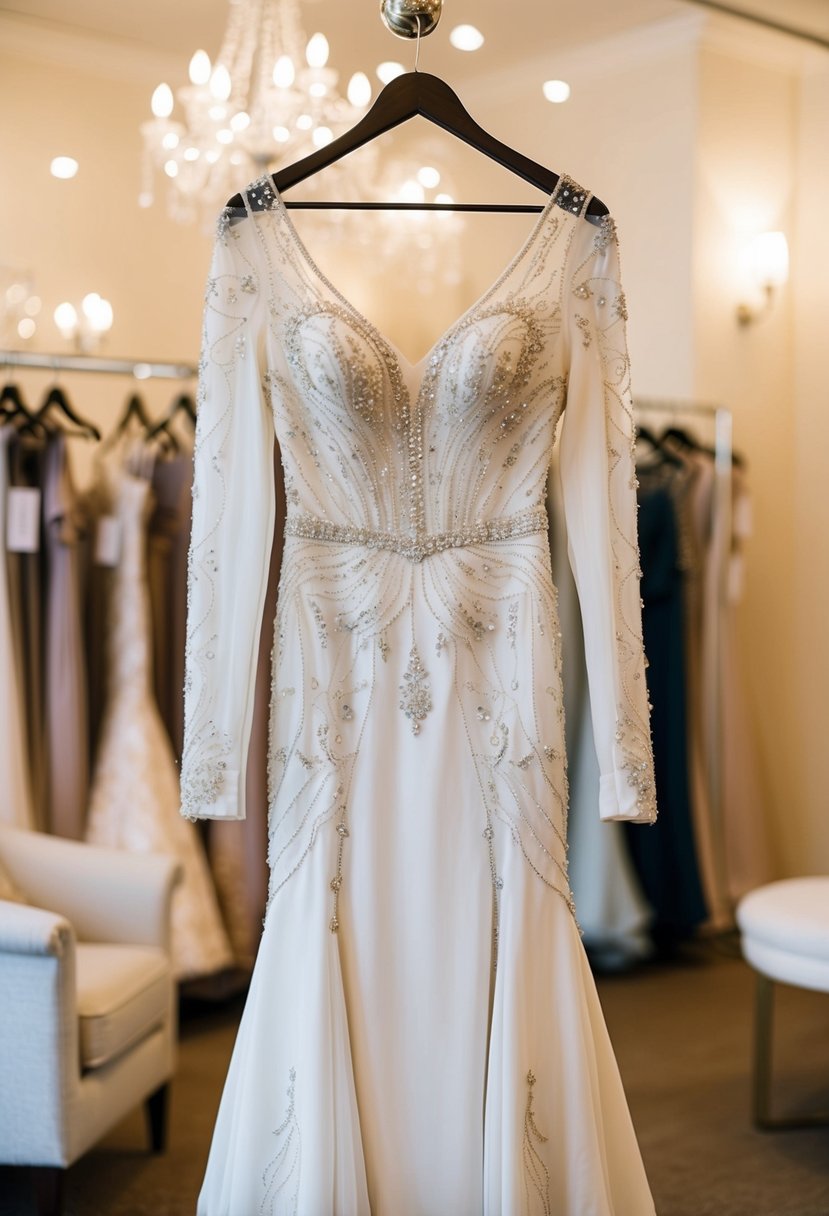 An elegant long-sleeved gown with intricate beaded details, hanging on a dress form in a softly lit bridal boutique