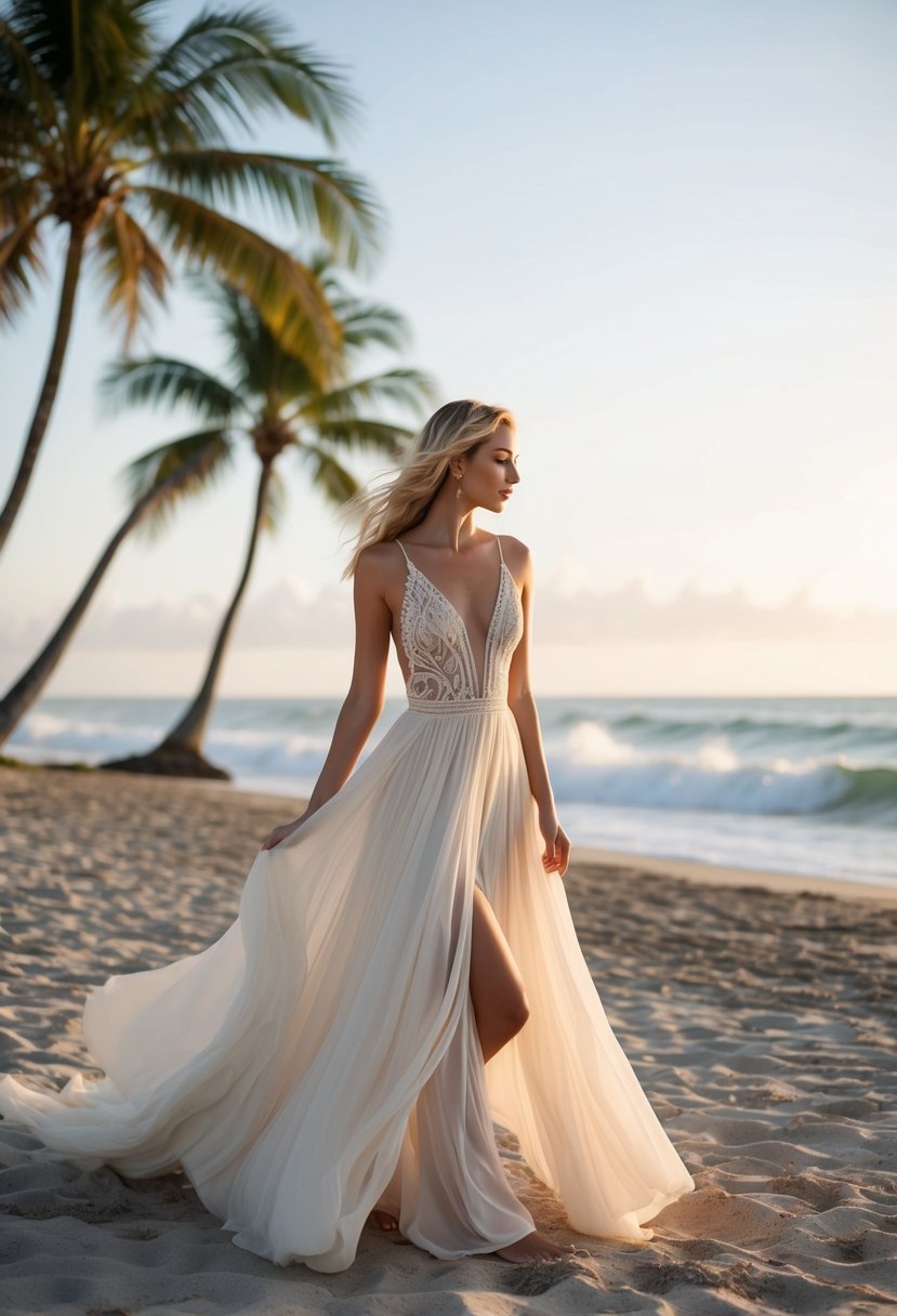 A serene beach setting with a flowing, bohemian-style wedding dress, surrounded by gently swaying palm trees and the sound of crashing waves