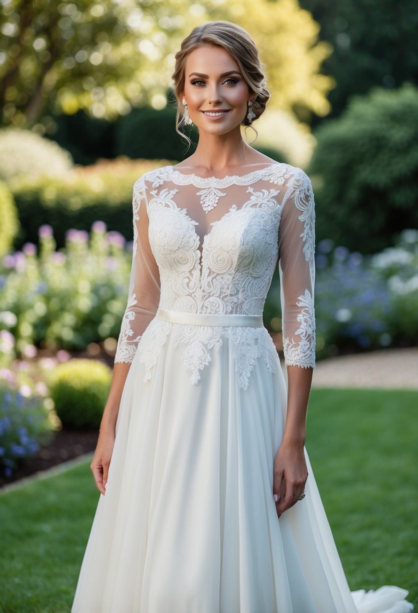 A bride standing in a garden, wearing a 3/4 length sleeve wedding dress with intricate lace details and a flowing skirt