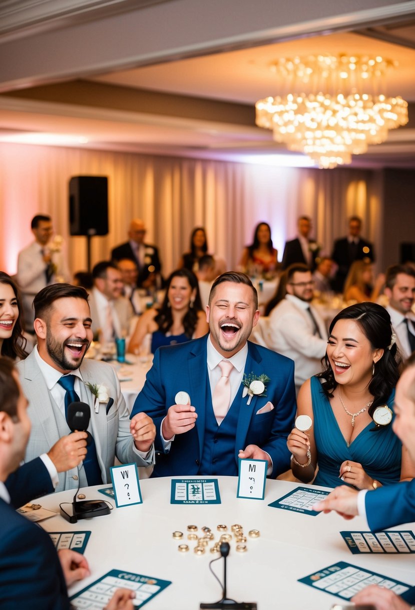 Guests laughing, playing trivia game at wedding reception. Tables set with question cards, buzzers, and prizes. DJ announces winners