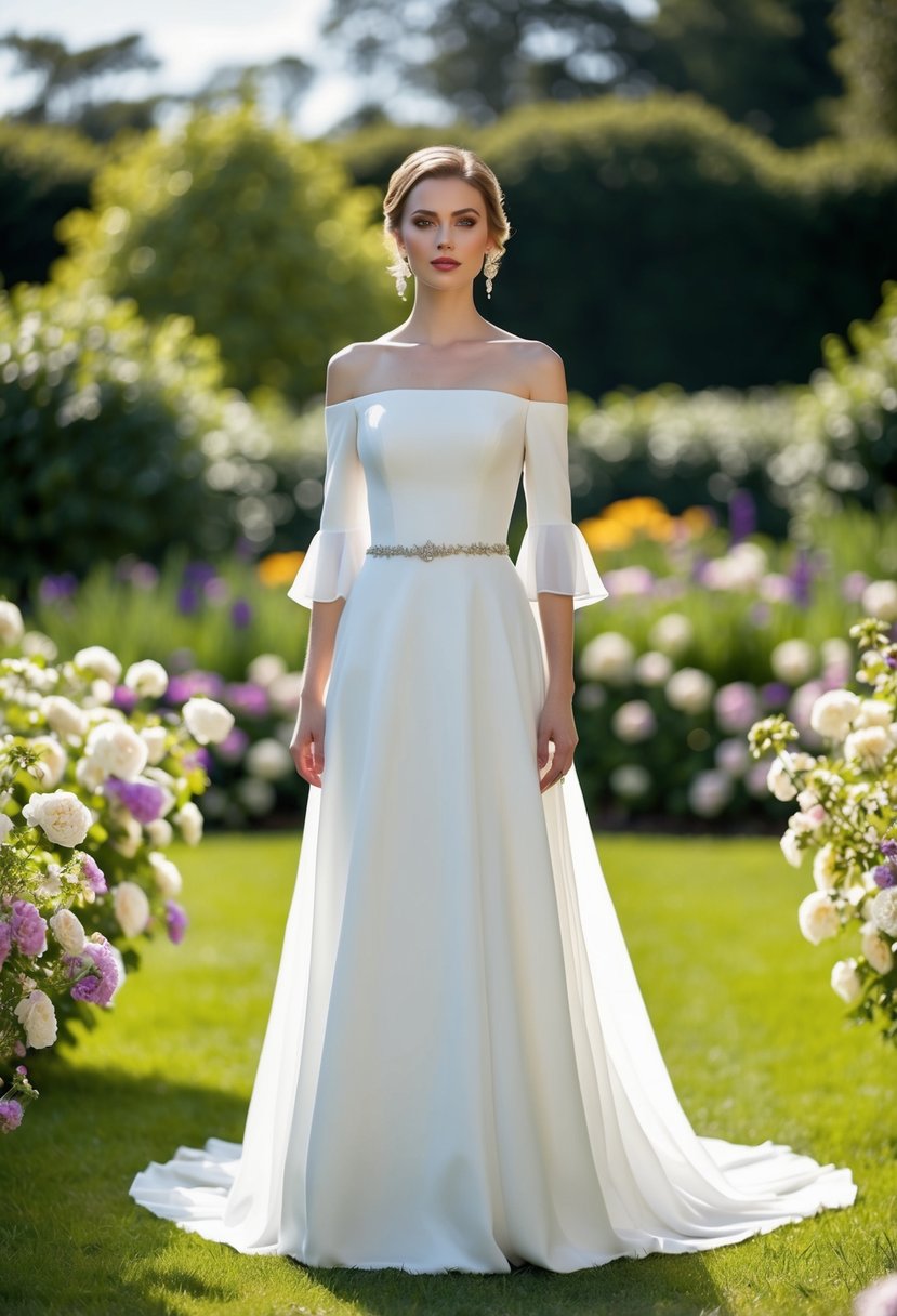 A bride standing in a garden, wearing a flowing off-the-shoulder wedding dress with 3/4 sleeves, surrounded by blooming flowers