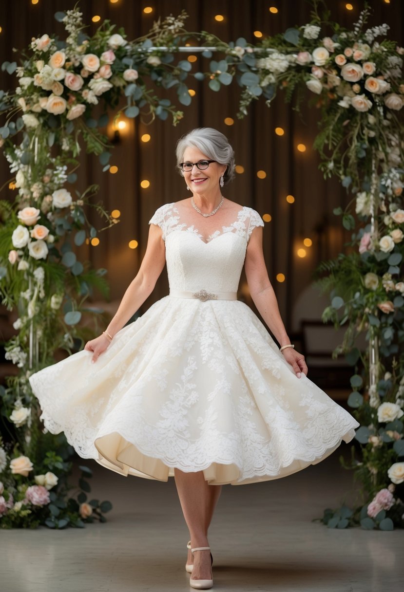 A 50-year-old bride twirls in a tea-length lace dress, surrounded by vintage-inspired decor and delicate floral arrangements