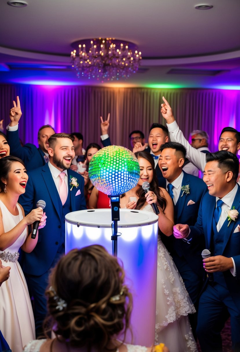 A festive wedding reception with a pop-up karaoke booth, complete with colorful lights and a microphone stand, surrounded by enthusiastic guests