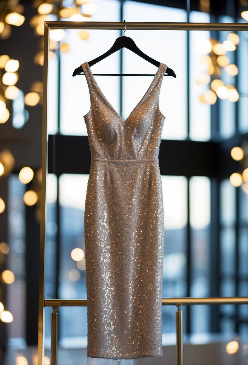 A modern sheath dress with subtle sequins hanging on a sleek mannequin