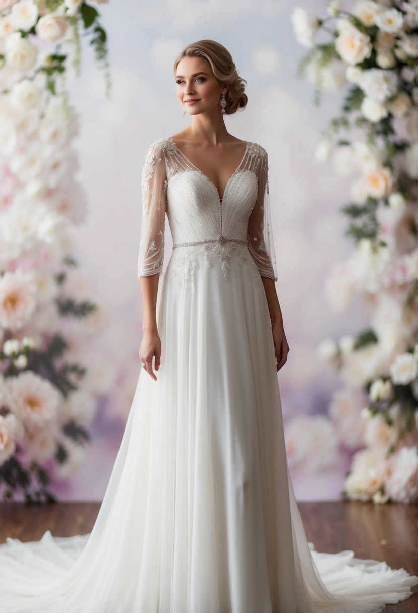 A flowing 3/4 sleeve wedding dress with elegant caped sleeves, adorned with delicate lace and intricate beading, set against a romantic backdrop