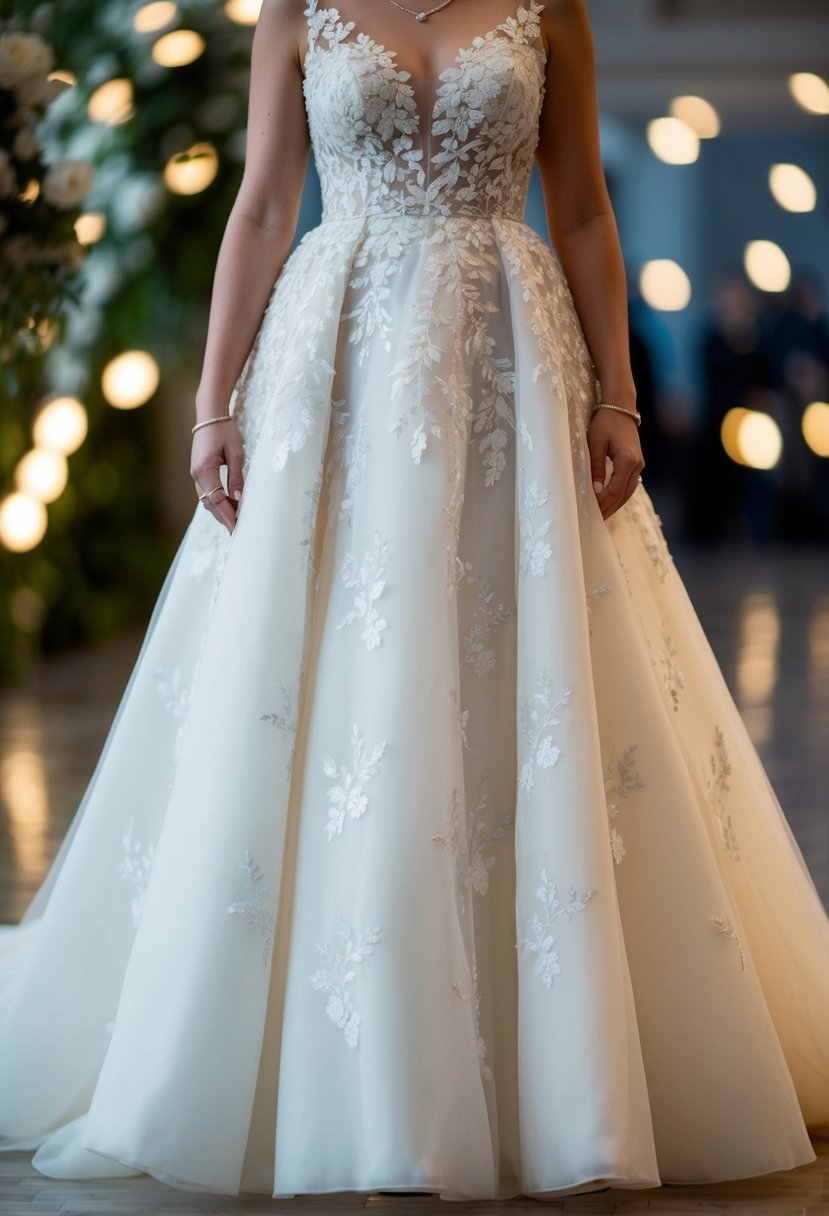 A floor-length gown with delicate floral embroidery cascades down from the waist, creating a sophisticated and elegant look for a 50-year-old bride's wedding dress