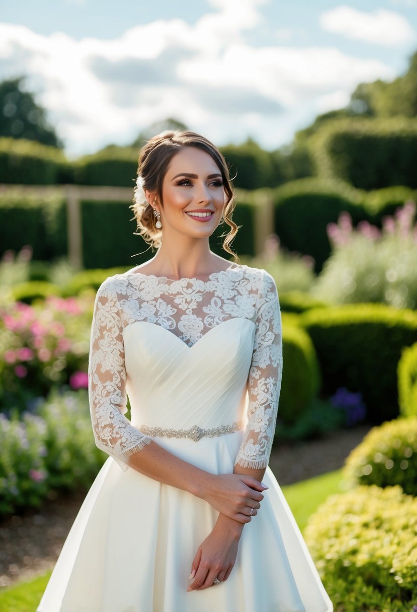 A bride standing in a garden, wearing a 3/4 sleeve wedding dress with delicate lace sleeves that end at the elbows