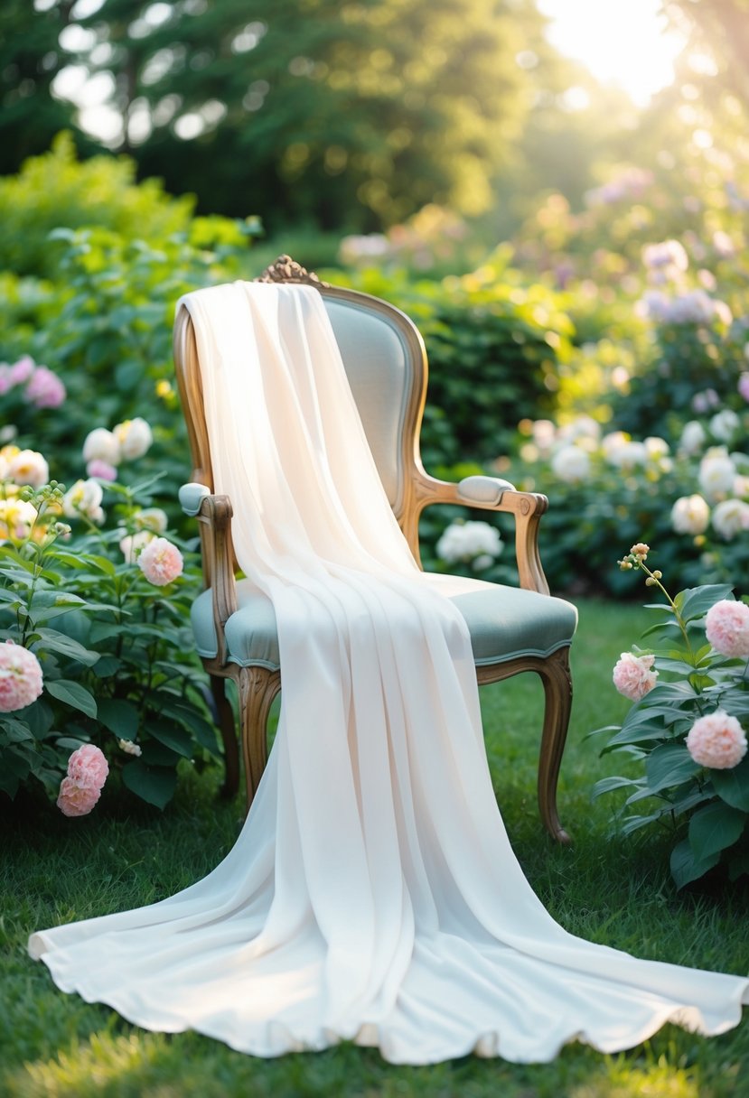 A serene garden setting with a flowing chiffon dress draped over a vintage chair, surrounded by blooming flowers and soft sunlight