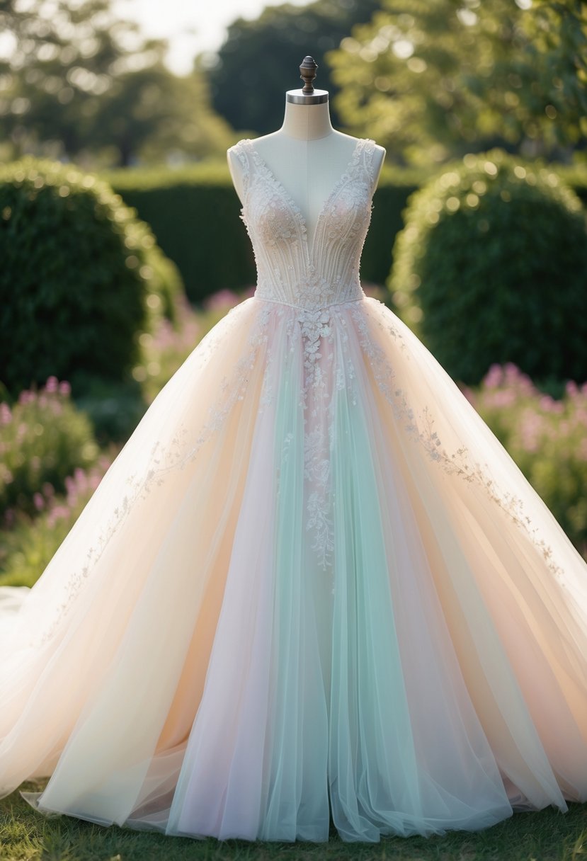 A flowing tulle gown in soft pastel hues, adorned with delicate lace and intricate beadwork, set against a romantic garden backdrop