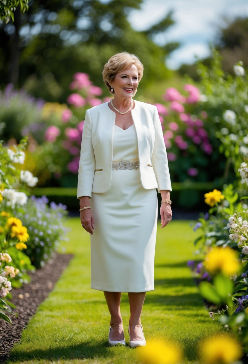 A 50-year-old bride in a charming two-piece ensemble with a jacket, standing in a garden surrounded by blooming flowers and greenery