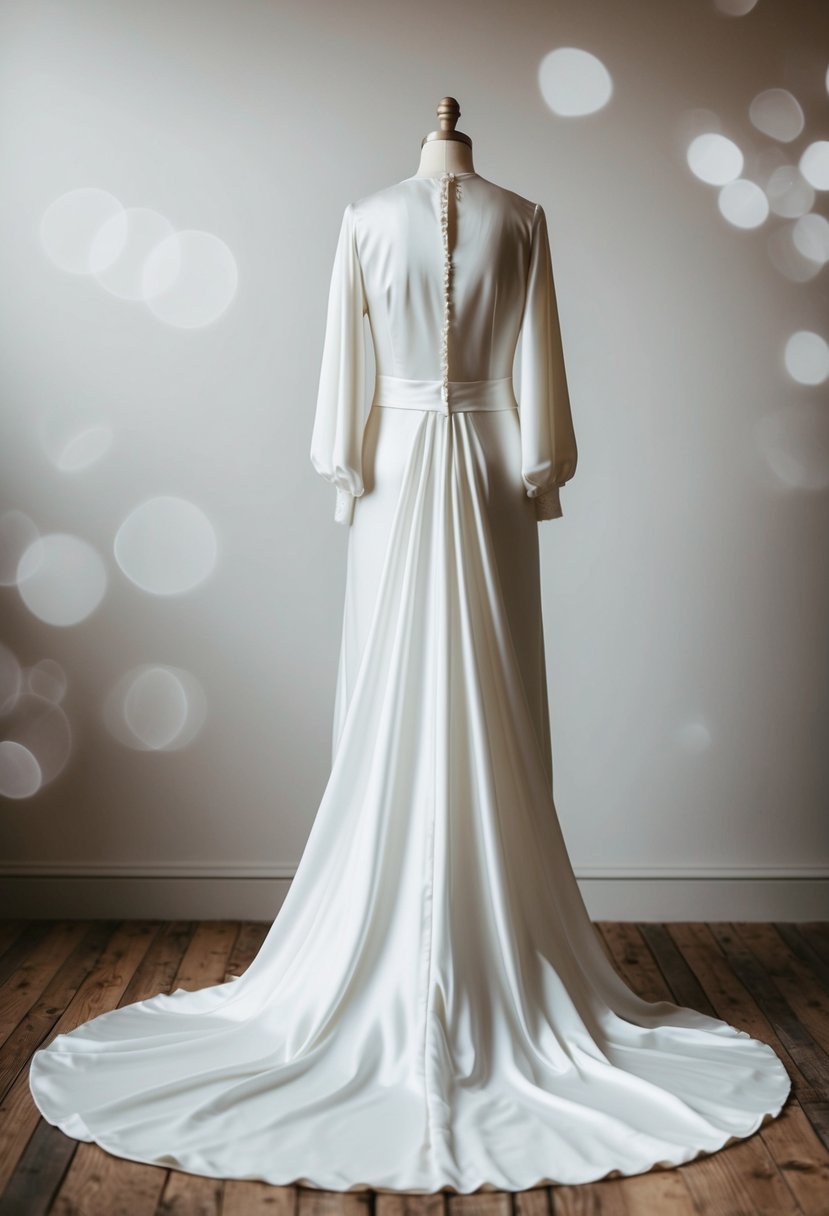 A flowing wedding dress with silk bishop sleeves cascading down in a 3/4 length, creating an elegant and romantic silhouette