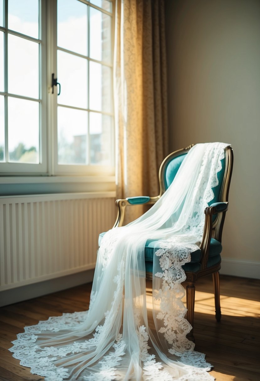 A long sleeve lace gown draped over a vintage chair in a sunlit room