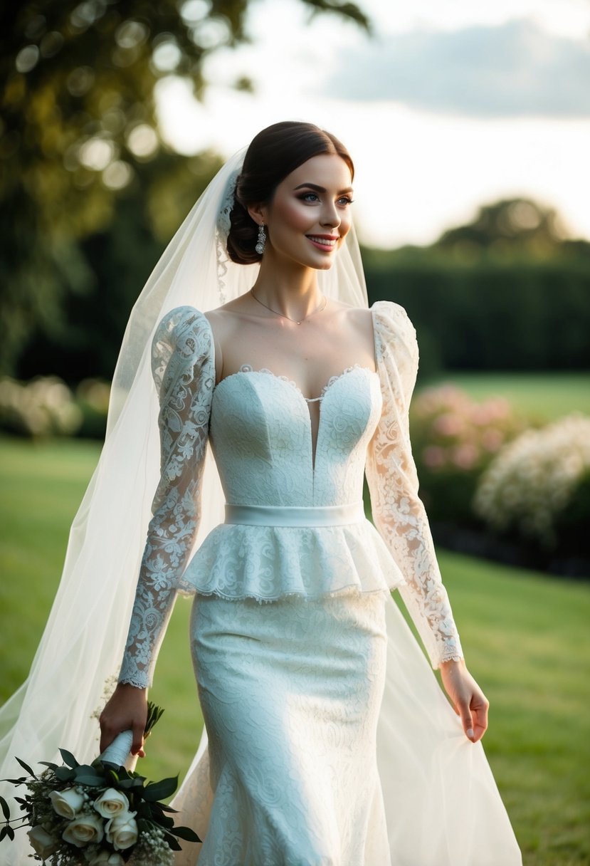 A bride in a floor-length, lace wedding gown with a fitted bodice, puffed sleeves, and a flowing skirt, accessorized with a veil and bouquet