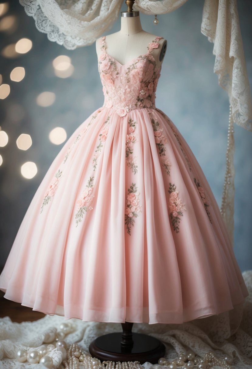 A blush pink ball gown with floral appliques hangs gracefully on a vintage dress form, surrounded by delicate lace and pearls