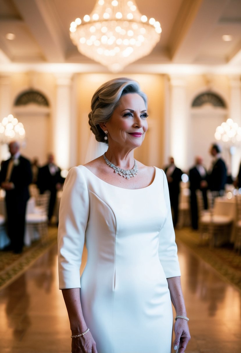 A 50-year-old bride in a sophisticated jewel-neckline dress with ¾ sleeves, standing in a grand ballroom filled with elegant décor and soft lighting