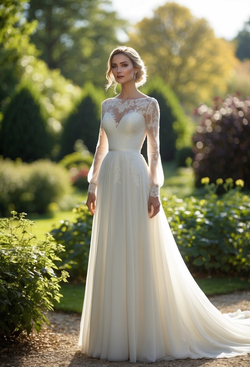 A bride stands in a sunlit garden, wearing a vintage-inspired wedding dress with long sleeves. The dress features delicate lace and a flowing silhouette