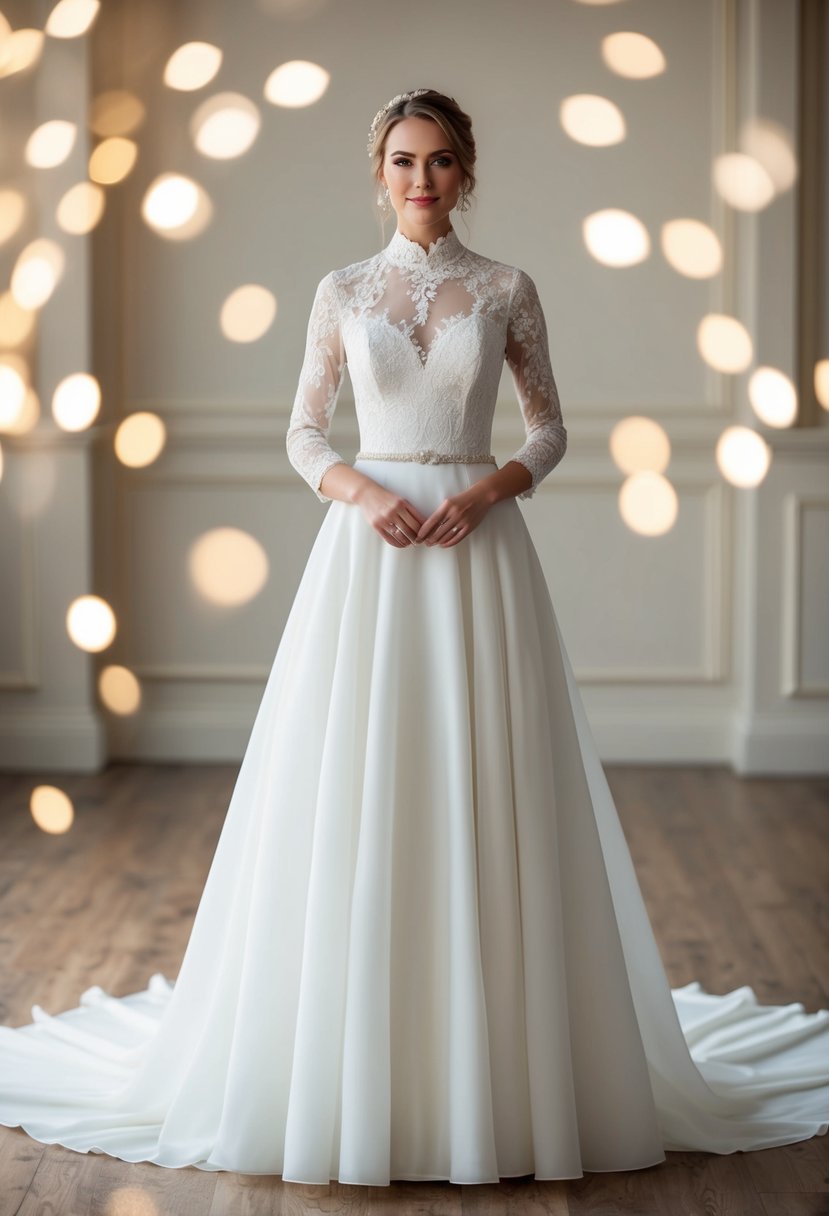 A bride standing in a high-neck, long-sleeve wedding dress, with delicate lace details and a flowing 3/4 length skirt