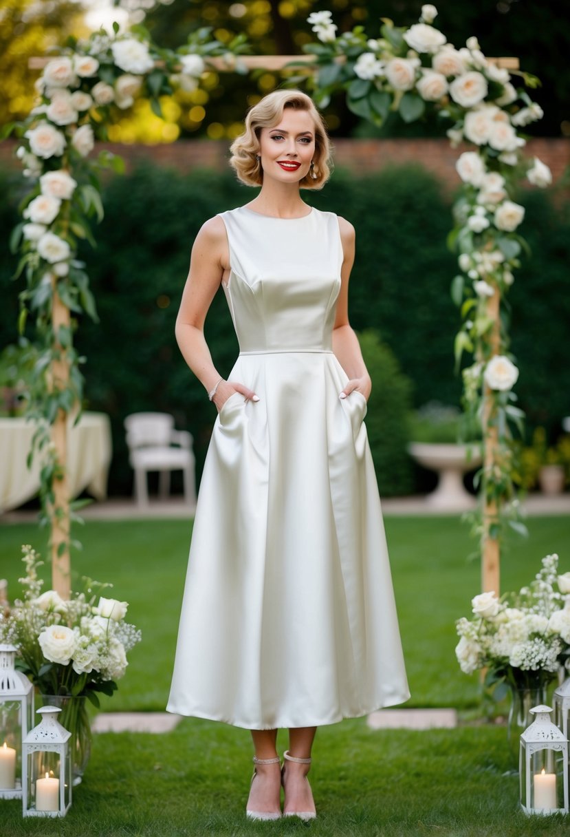 A woman in a satin A-line dress with pockets stands in a garden, surrounded by vintage 1930s wedding decor