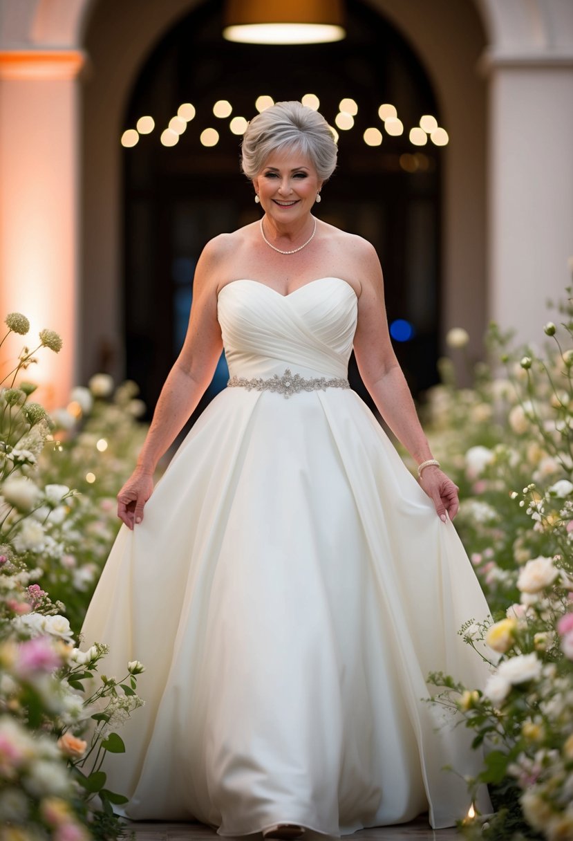 A 50-year-old bride in a graceful empire waist dress, surrounded by delicate flowers and soft lighting