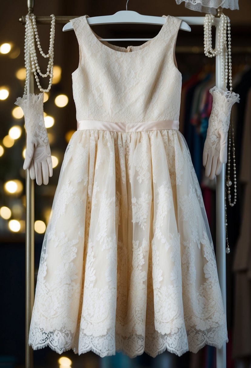 A lace tea-length dress hangs on a vintage clothing rack, surrounded by antique lace gloves and delicate pearl accessories