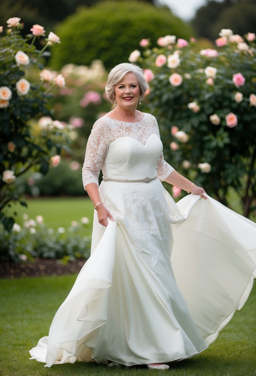 A 50-year-old bride twirls in a fit-and-flare gown with a lace overlay, surrounded by blooming roses in a garden