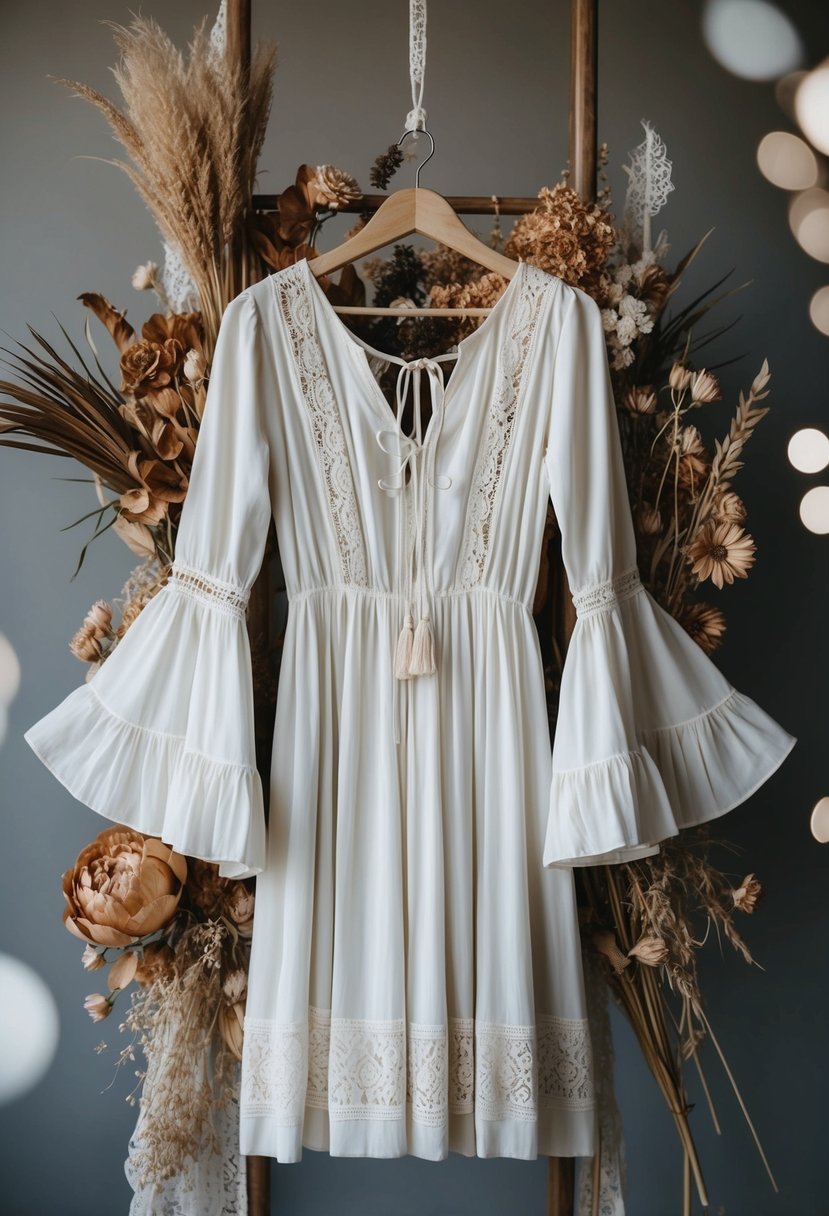 A boho chic dress with billowing bell sleeves hangs on a vintage mannequin, surrounded by dried flowers and lace accents