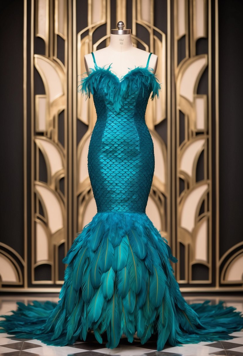 A mermaid dress with cascading feathers, set against an art deco backdrop