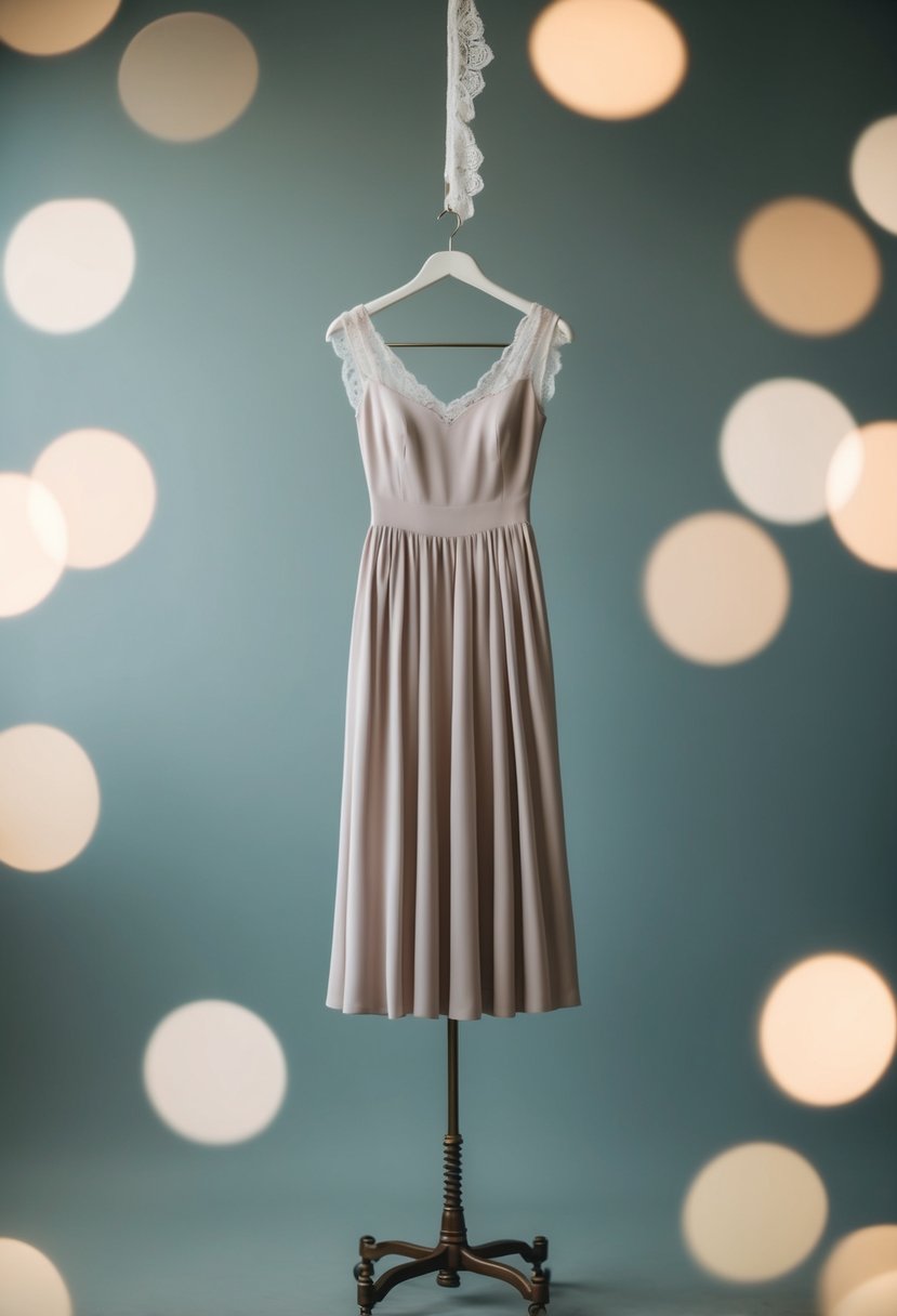 A simple, elegant crepe dress hangs on a vintage dress form, surrounded by soft, muted colors and delicate lace accents