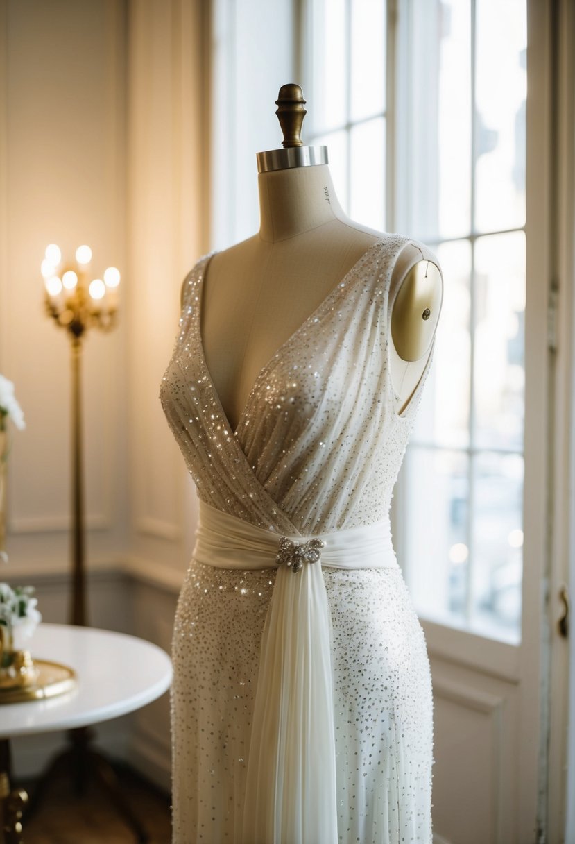 A 1930s wedding dress with sparkling sequins, draped elegantly over a mannequin in a softly lit vintage atelier