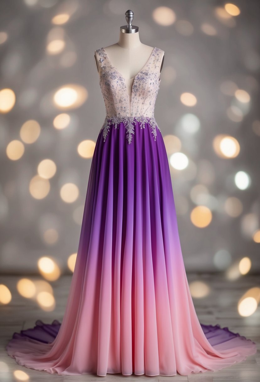 A flowing, floor-length ombre wedding gown in shades of pink and purple, adorned with delicate lace and intricate beading