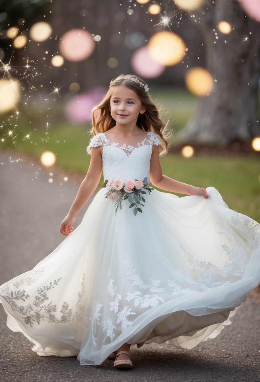 A young girl, 9 or 10, twirls in a flowing white gown with delicate lace and floral details, surrounded by sparkles and soft pastel colors