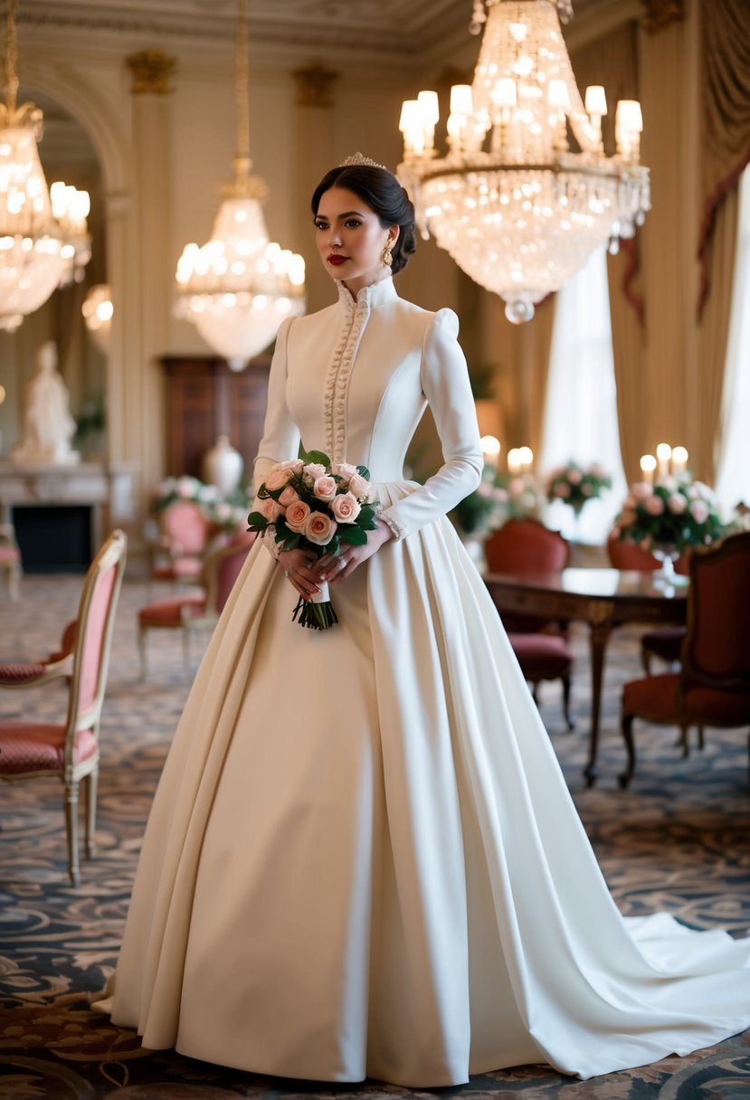 A woman in a Victorian-inspired high-neck dress stands in a grand ballroom, surrounded by ornate chandeliers and vintage furniture, with a bouquet of roses in her hand