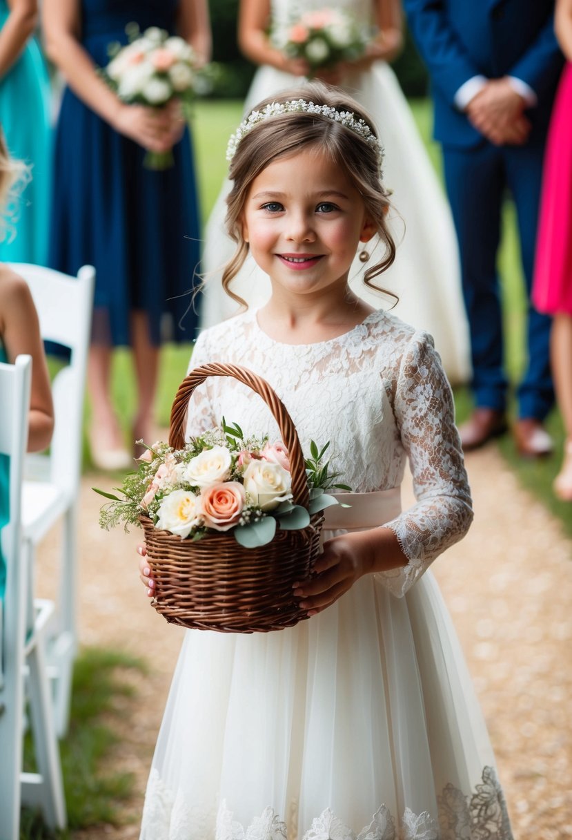 A young girl in a lace dress, holding a basket of flowers at a wedding