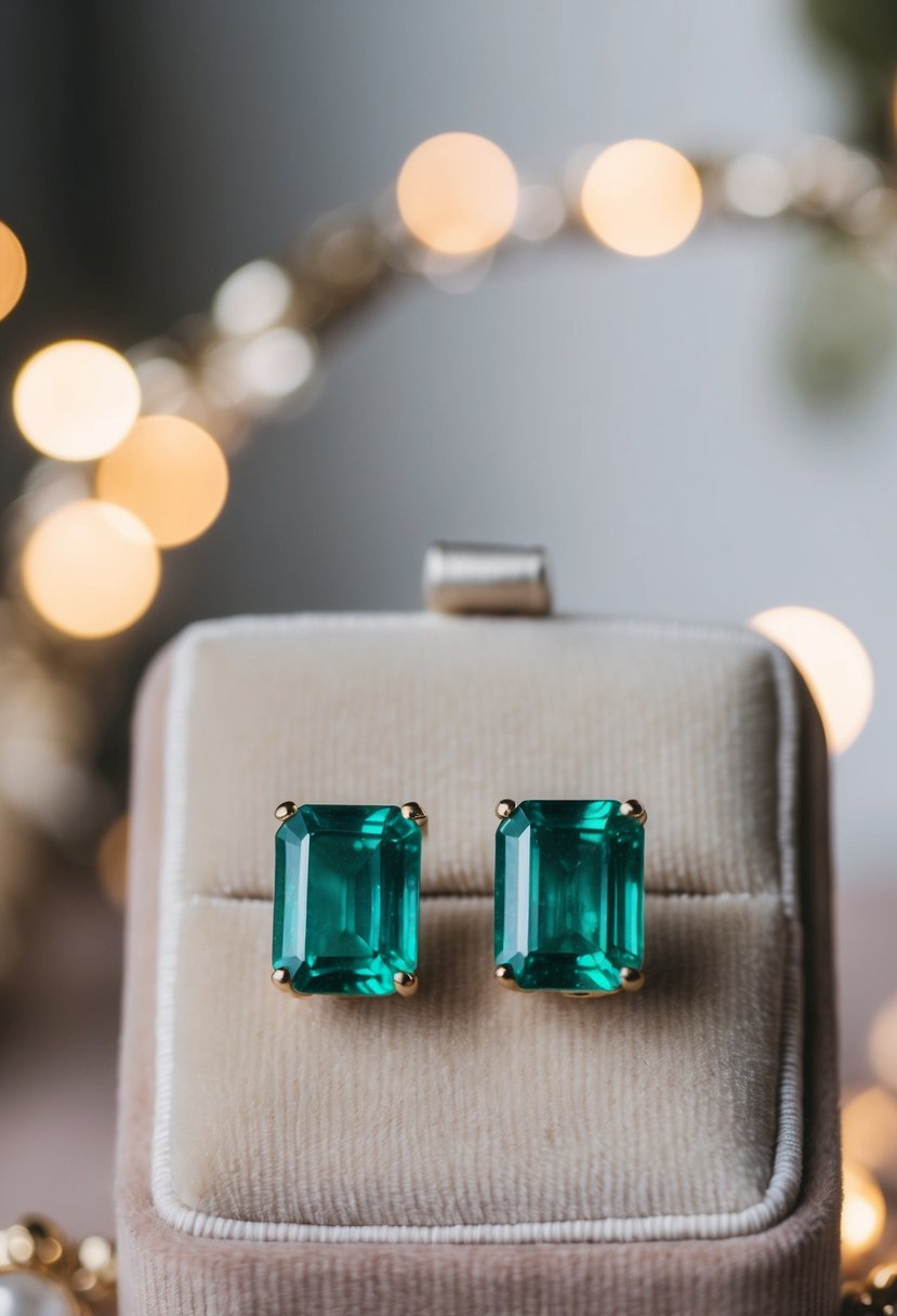 A close-up of emerald cut wedding earrings displayed on a velvet cushion with soft lighting highlighting their sparkle and elegance