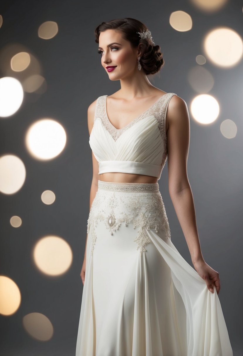 A bride in a sleek, two-piece wedding ensemble from the 1930s, with a fitted top and a flowing, floor-length skirt, adorned with delicate lace and intricate beading