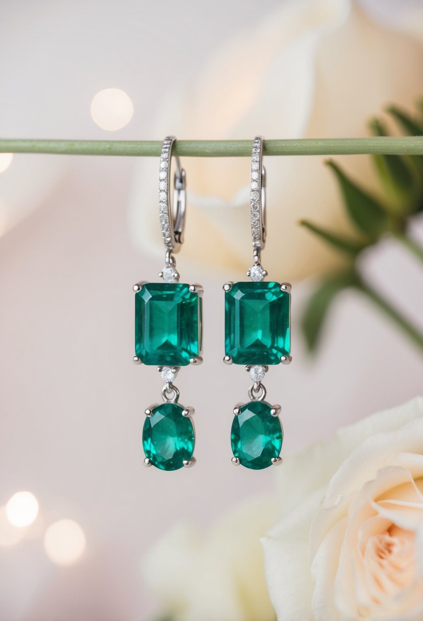 A pair of emerald cut dangle earrings showcased against a soft, romantic background, with delicate details and a sense of elegance