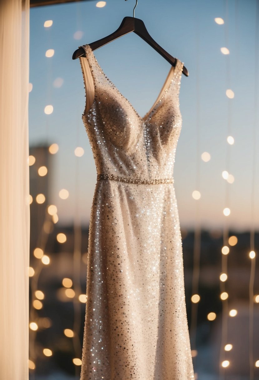 A sequin wedding dress shimmers under soft lighting, with delicate sparkle details catching the eye