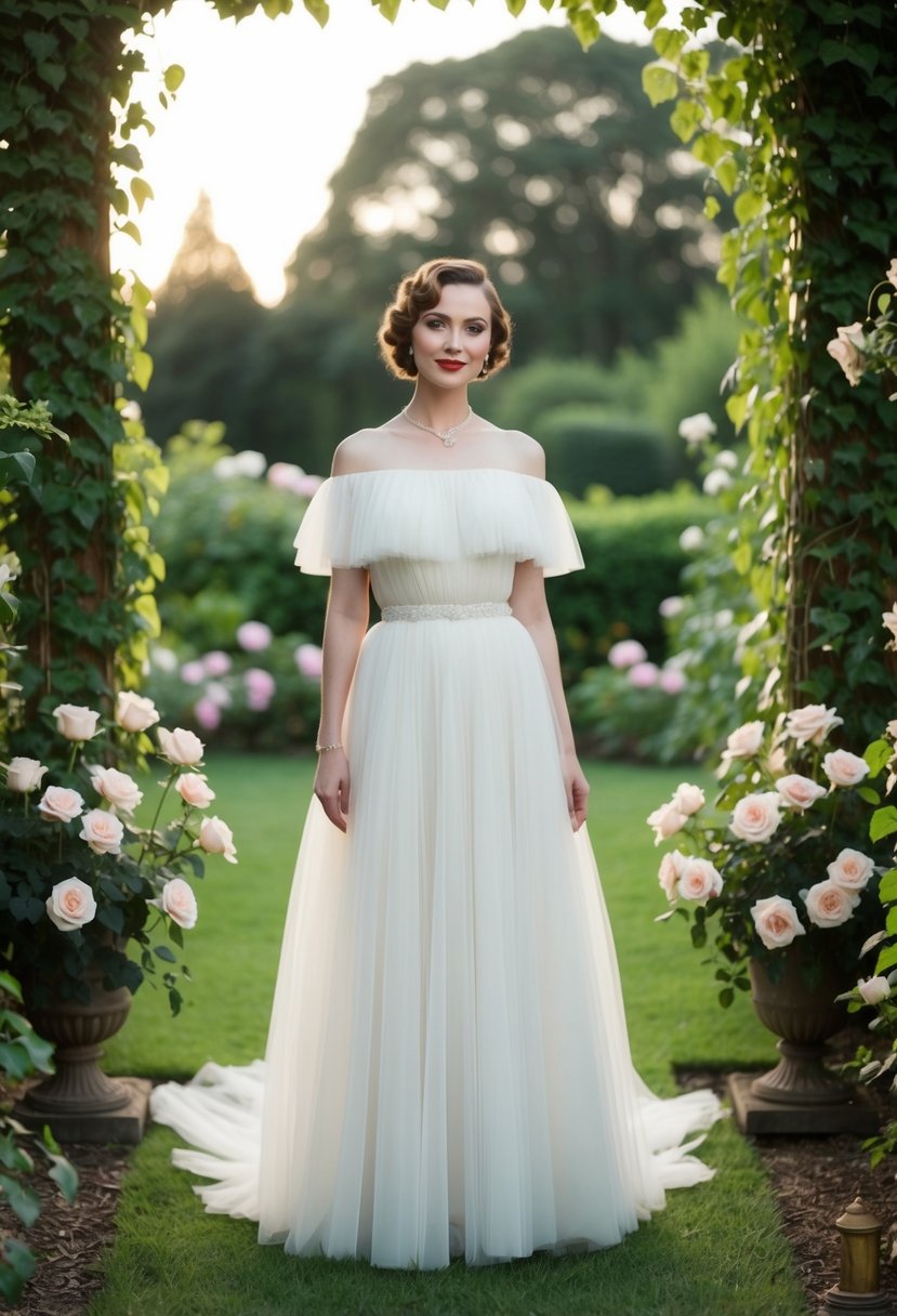 A bride in a 1930s off-the-shoulder tulle dress, standing in a garden with roses and ivy, surrounded by vintage decor and soft lighting