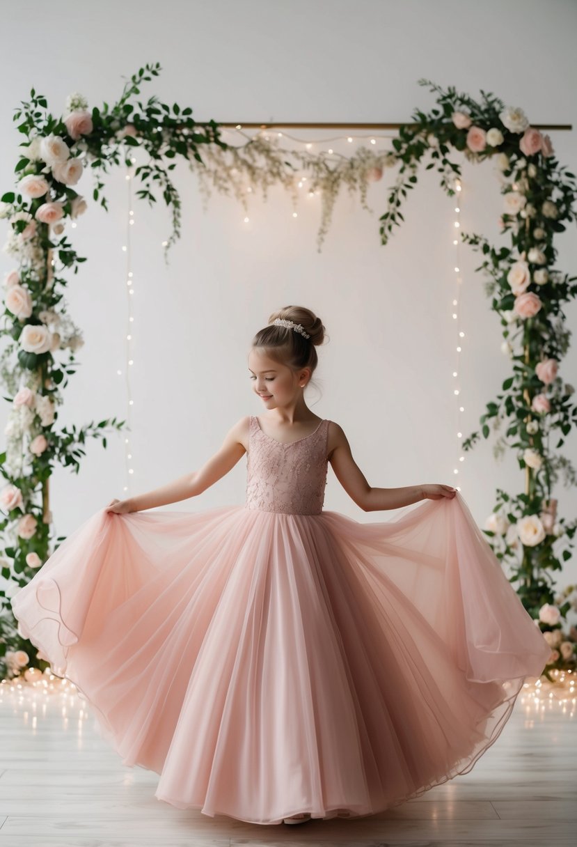 A young girl twirls in a flowing blush pink ballgown, surrounded by delicate floral decorations and twinkling lights