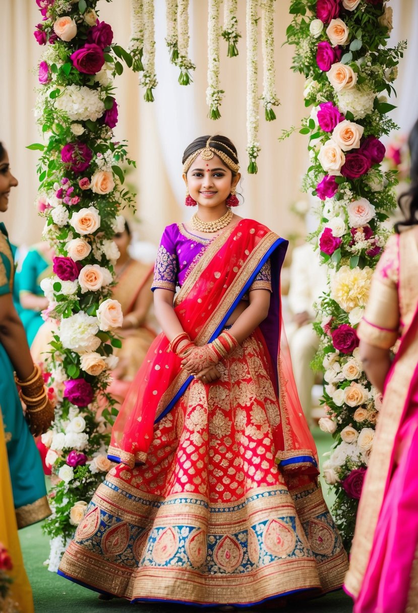 A young girl in a vibrant Sabyasachi Lehenga, surrounded by floral decorations at a wedding celebration