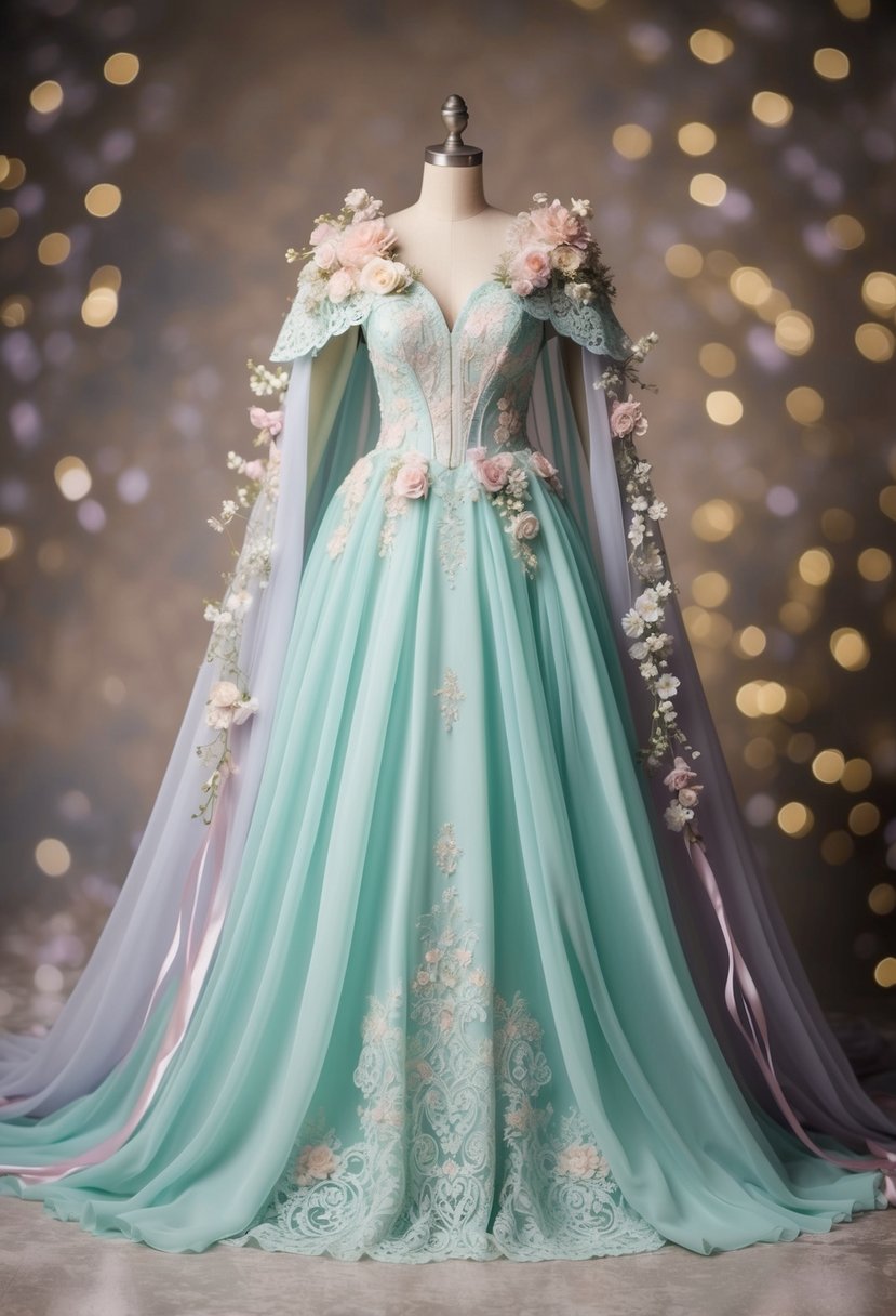 A flowing, pastel-colored dress with intricate lace details, paired with a billowing cape adorned with delicate flowers and ribbons