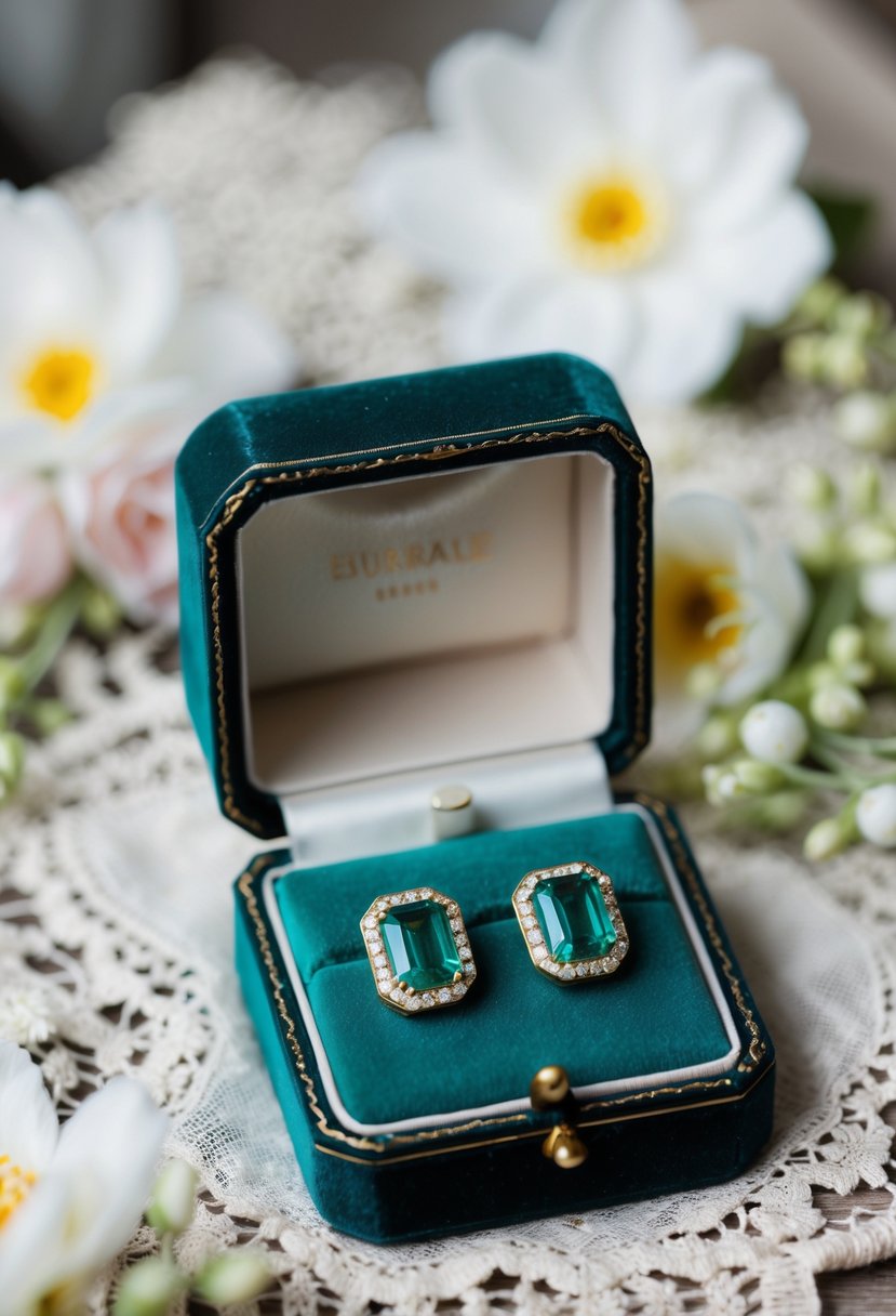 A vintage-inspired jewelry box holds emerald cut studs on a velvet cushion, surrounded by delicate lace and floral elements