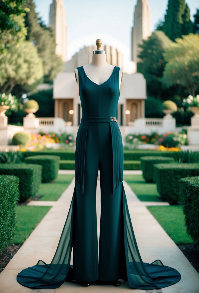 A sleek, 1930s-inspired jumpsuit with a flowing train overlay, set against a vintage backdrop of art deco architecture and lush, romantic gardens