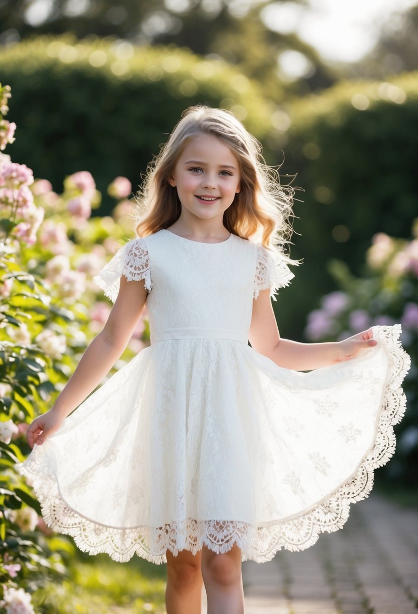 A young girl twirls in a fluttery sleeve white lace dress, surrounded by blooming flowers and soft sunlight