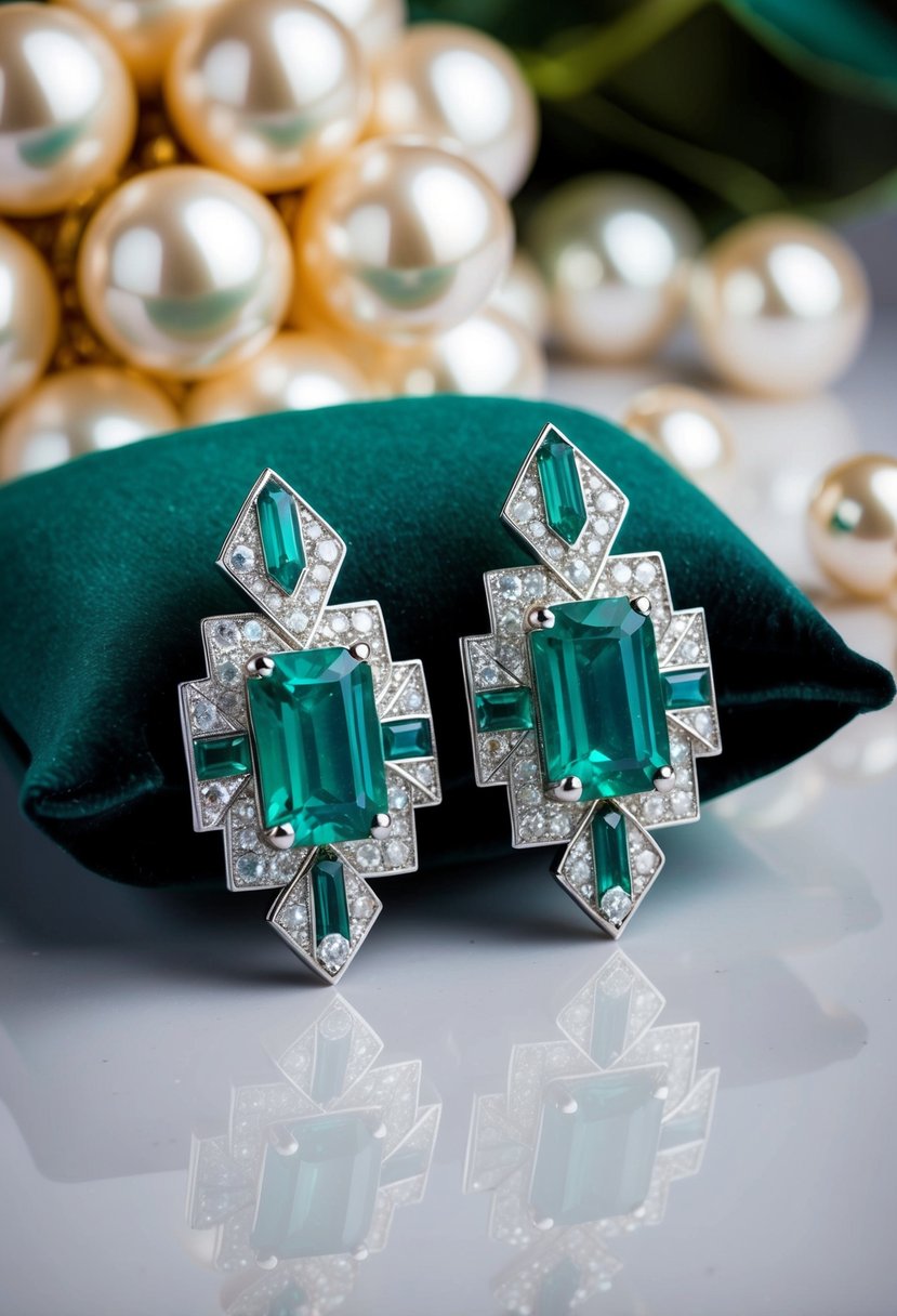 Two emerald-cut earrings in an Art Deco style, featuring intricate geometric patterns and vibrant green emerald stones, set against a backdrop of glistening pearls and a luxurious velvet cushion