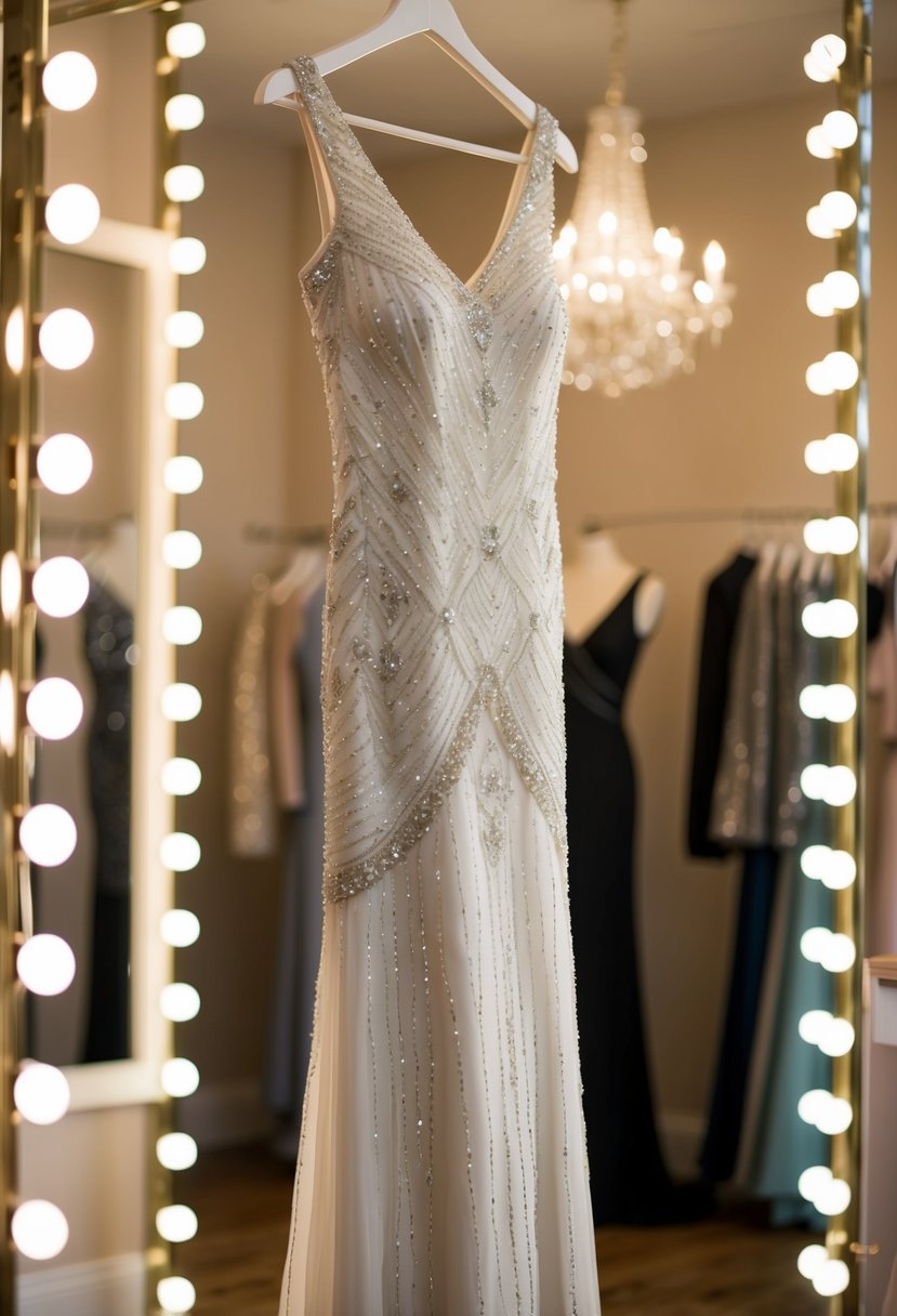 A beaded sheath dress hangs on a mannequin, sparkling under soft lights in a 1930s-inspired wedding boutique