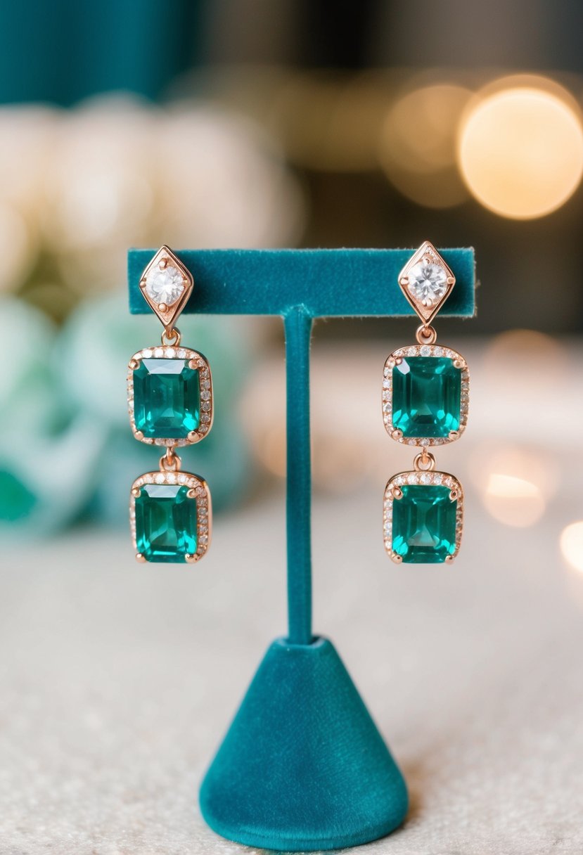 A pair of 14K rose gold emerald wedding earrings, featuring emerald cut stones, displayed on a velvet jewelry stand