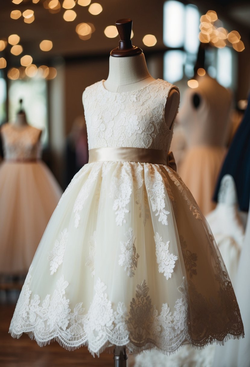 An ivory lace flower girl dress displayed on a mannequin